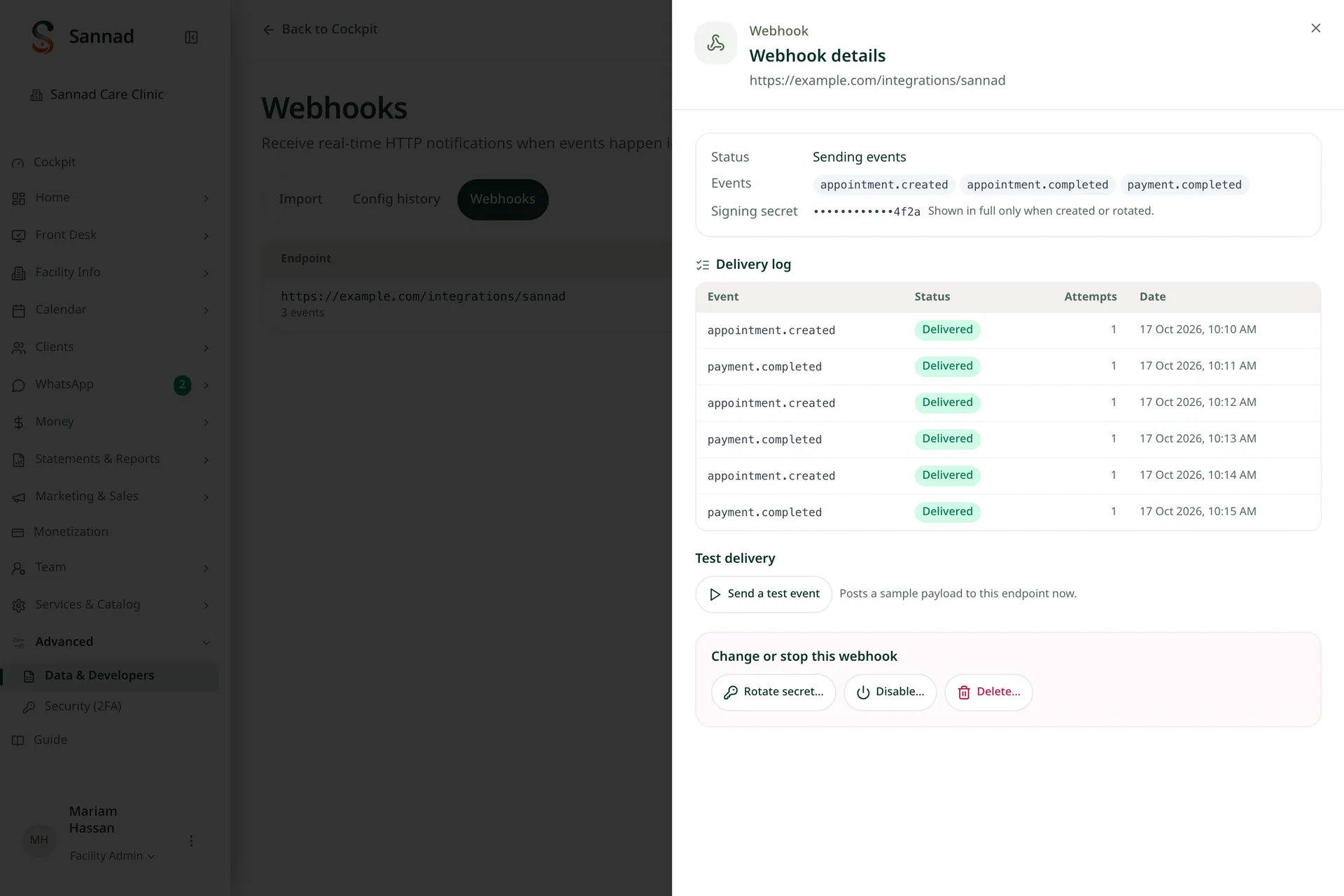 Sannad API and webhooks screen