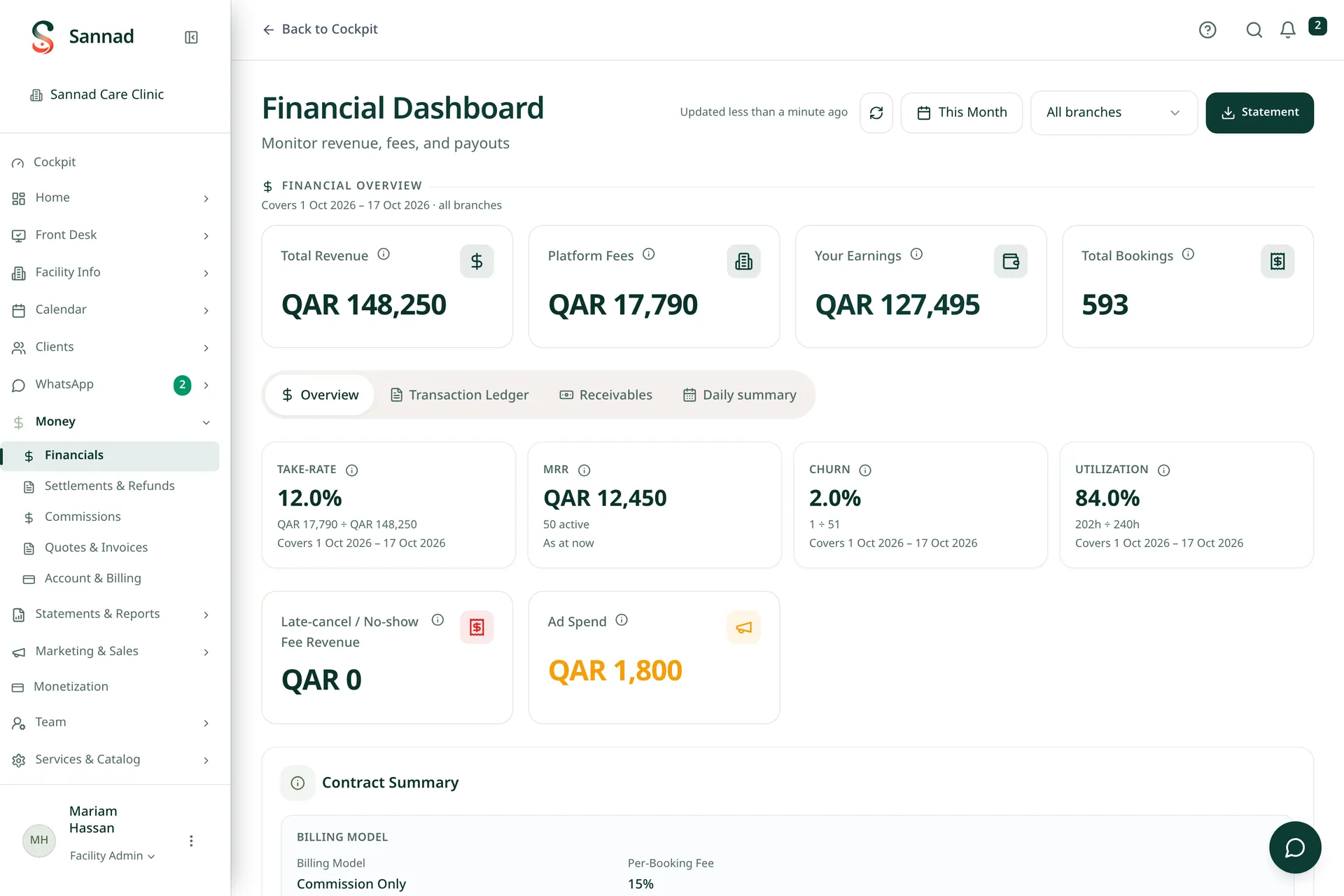 Sannad payments and settlements screen