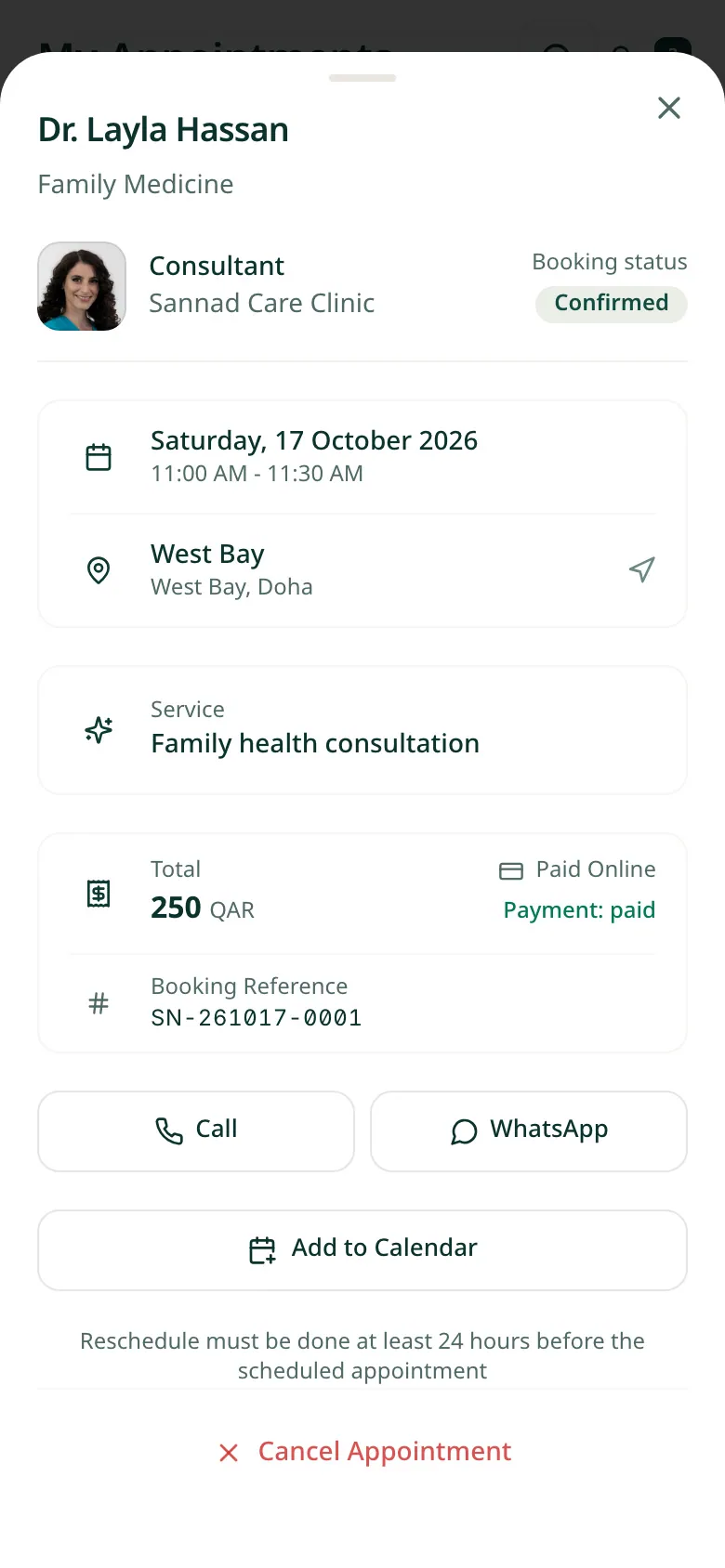 Booking confirmed in the Sannad app